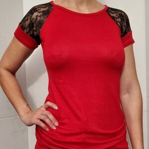 Joan Vass RED Lace Sleeve Top Size S